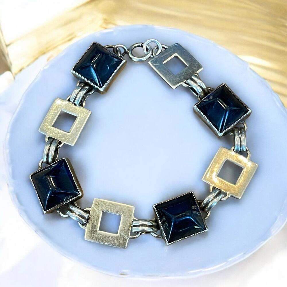 Vintage Art Deco Sterling Silver & Blue Glass Sugarloaf Cabochon Bracelet 8" 32g